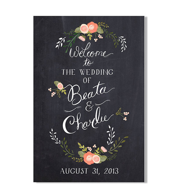 chalkboard inspired floral wedding welcome sign by the first snow | signs entrance weddings | https://emmalinebride.com/decor/signs-entrance-weddings/