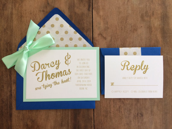 cobalt blue mint gold wedding invitations - easy invitation detail