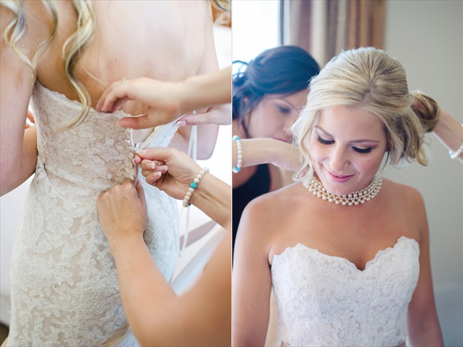 bride wearing a lace strapless gown; being zipped up while she gets ready before the ceremony
