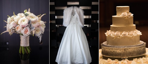 bride's bouquet, wedding dress with fur wrap, and wedding cake - Crystal Tea Room Wedding - photo: Daniel Fugaciu Photography | via https://emmalinebride.com