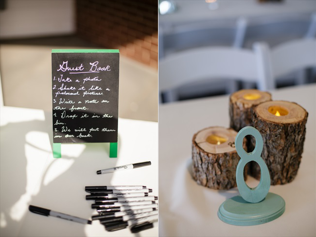 Polaroid guest book sign; table number and centerpiece made of hollowed out tree logs | Photo: Searching for the Light Photography LLC | via https://emmalinebride.com/real-weddings/colorado-chic-wedding-kendall-brian/