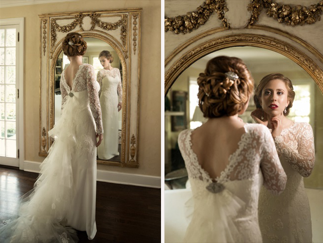 bride looks at herself in portrait at Connecticut waterfront wedding - photo: Melani Lust Photography | via https://emmalinebride.com