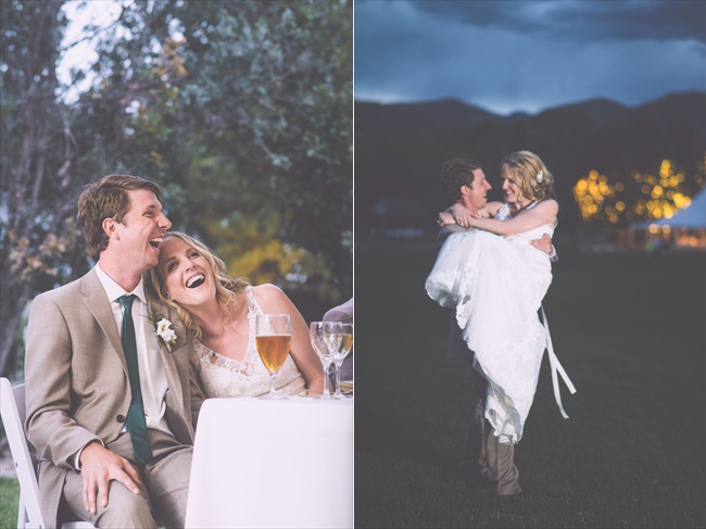 The bride laughing; the groom carrying his bride | Photo: Searching for the Light Photography LLC | via https://emmalinebride.com/real-weddings/colorado-chic-wedding-kendall-brian/