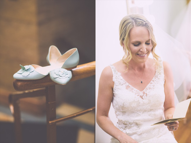 the bride's shoes (left); the bride (right) | Photo: Searching for the Light Photography LLC | via https://emmalinebride.com/real-weddings/colorado-chic-wedding-kendall-brian/