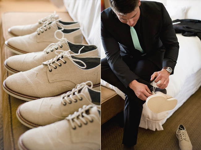 on left, the groomsmen shoes are lined up in a row featuring a lace-up style; on right, the groom puts his shoes on