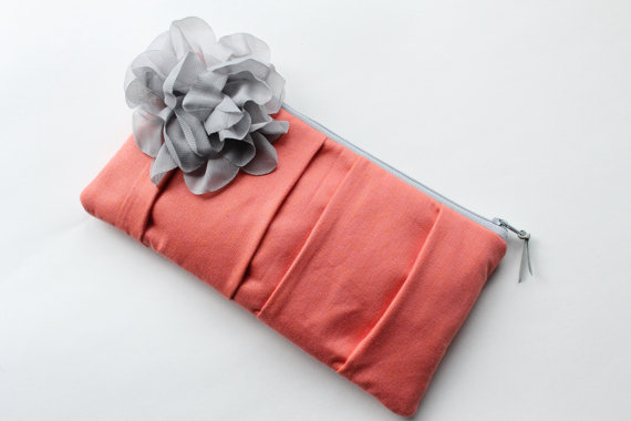 wedding clutch purses - coral bridesmaid purse with gray flower (by allisa jacobs)
