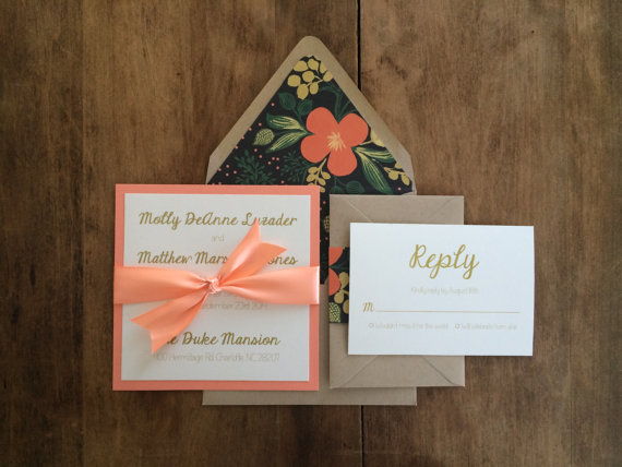 coral gold wedding invitation envelope liners - easy invitation detail