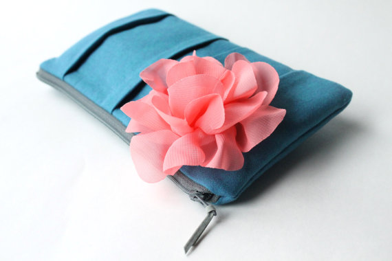 wedding clutch purses - coral pink and blue bridesmaid clutch (by allisa jacobs)