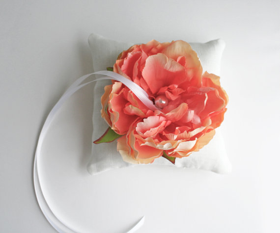 coral ring bearer pillow with flower by Laura Stark