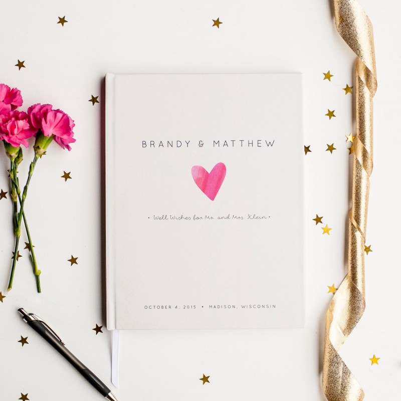 cute wedding guest book with hot pink heart