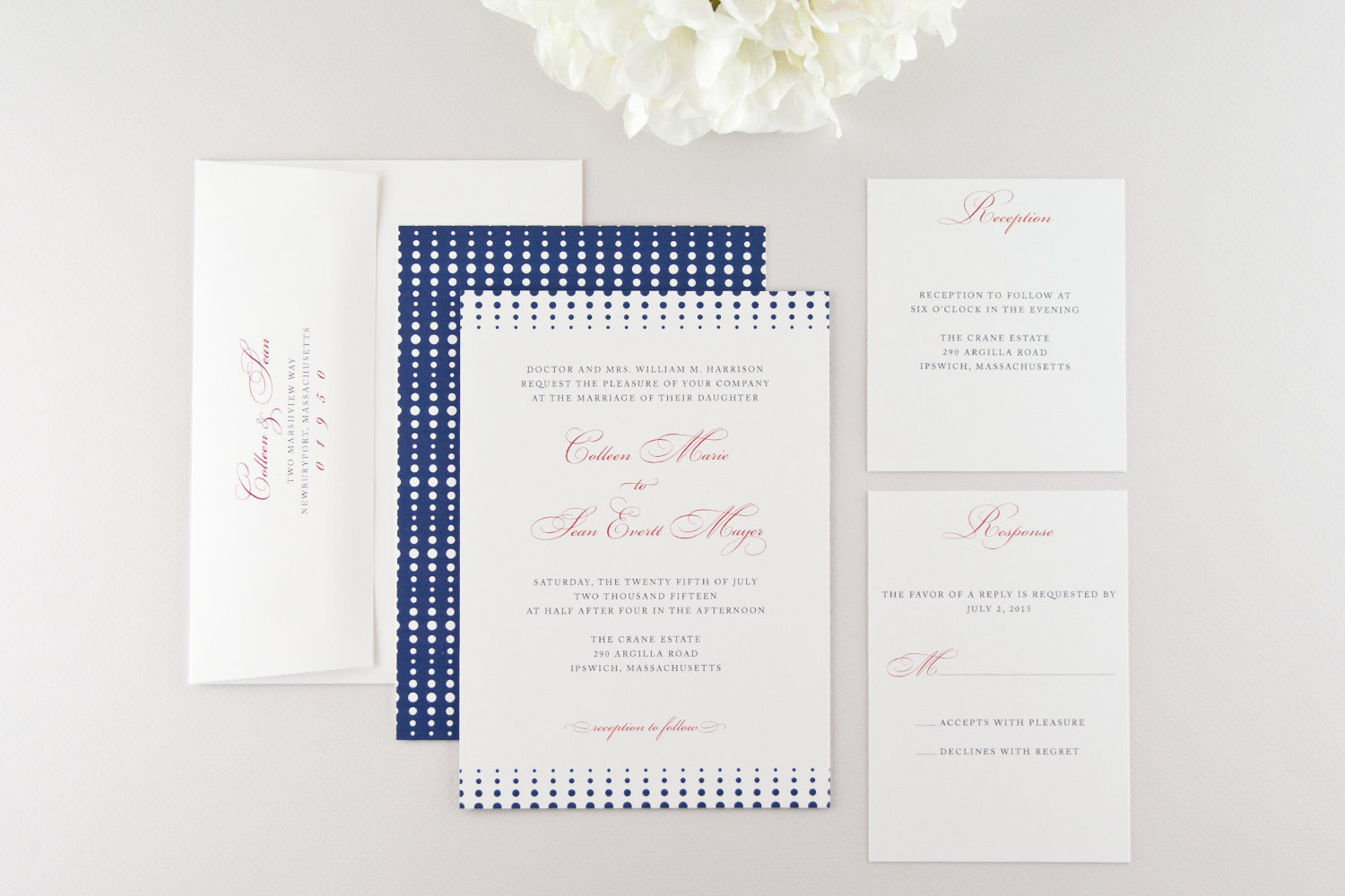 dots navy wedding invitations