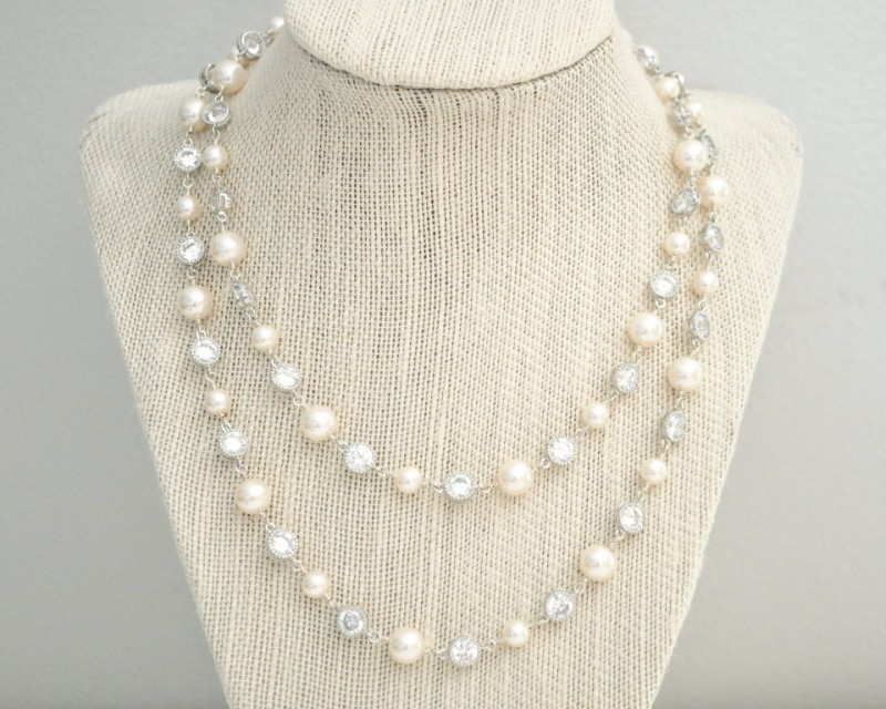 double strand pearl necklace with cz
