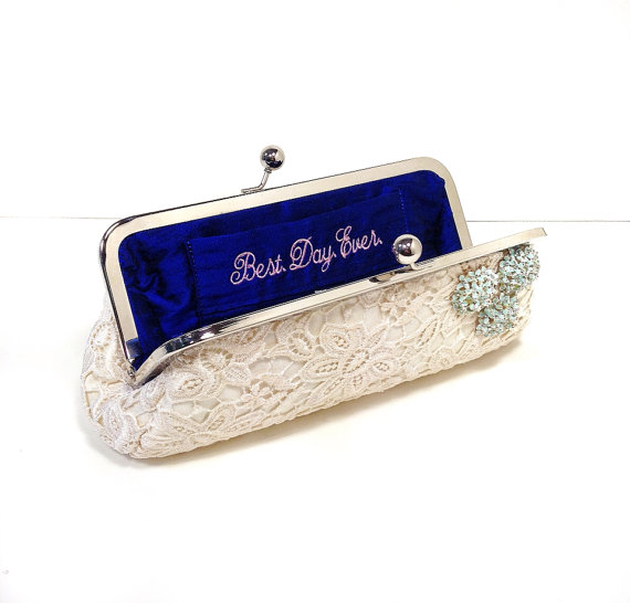 bridal clutch bags - ivory lace clutch with brooch detail, best day ever on liner