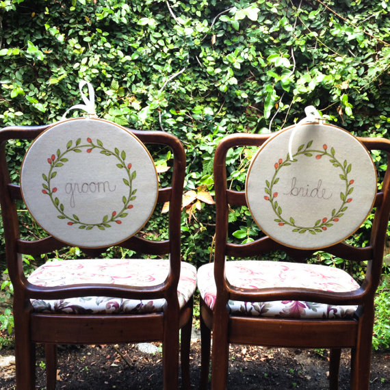 embroidered mr and mrs chair signs | via bride and groom chair signs https://emmalinebride.com/decor/bride-and-groom-chairs/