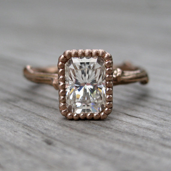 emerald moissanite twig engagement ring rose gold (via 7 Alternative Engagement Ring Ideas)