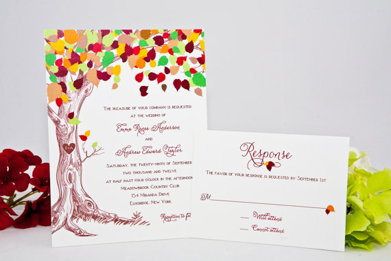 fall wedding invitation with carved initials in tree
