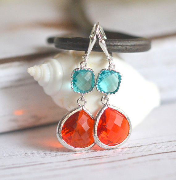 fire orange and aquamarine dangle earrings | via Best Aquamarine Jewelry Finds on Etsy - https://emmalinebride.com/bride/best-aquamarine-jewelry/