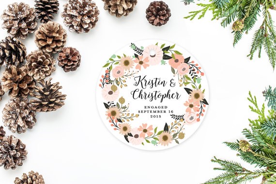 first christmas engaged ornament floral by MooseberryPaperCo