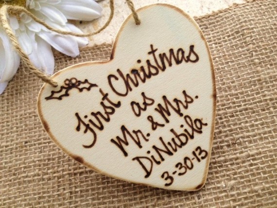 first christmas married ornament rustic wood burning
