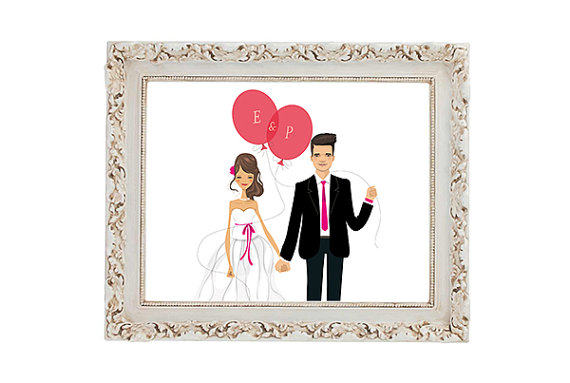 reusable wedding decorations - bride and groom illustrated print
