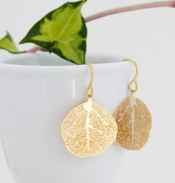 handmade wedding gold leaf earrings (jacaranda designs) via The Marketplace at EmmalineBride.com