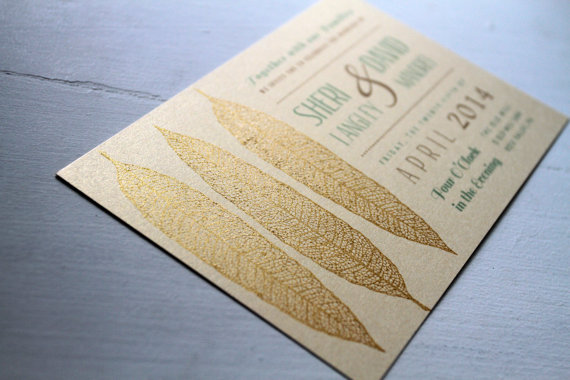 Gold inspired wedding save the dates by Golden Silhouette.  If you're planning a gold inspired wedding, send these save the date cards to kick off your day with a thematic touch.