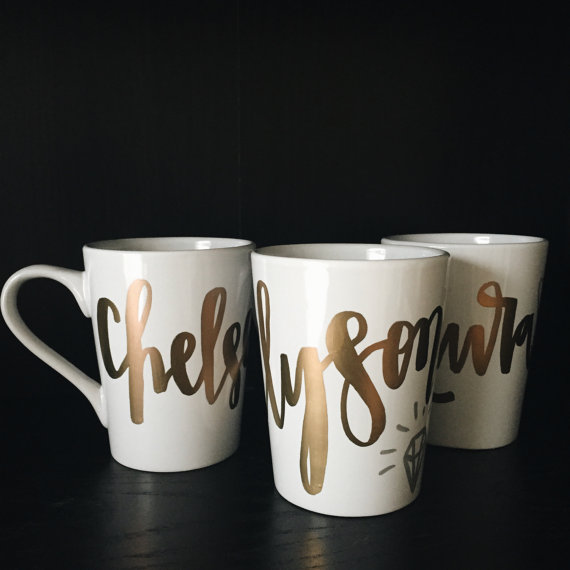 gold name mugs | bridesmaid gift ideas https://emmalinebride.com/gifts/bridesmaid-gift-ideas/