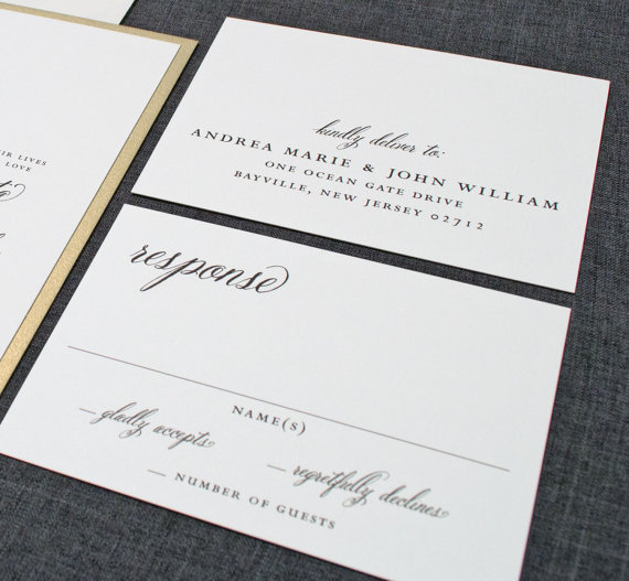 Cream and Gold Wedding Ideas: gold wedding invitation response cards (by Cricket Printing)