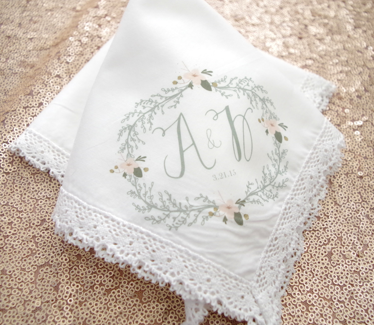 gorgeous floral monogram handkerchief | personalized wedding handkerchiefs and wedding hankies | https://emmalinebride.com/gifts/personalized-wedding-handkerchiefs/