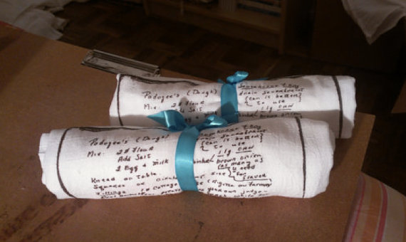 grandmas recipe in her writing on tea towel - tea towels for wedding showers
