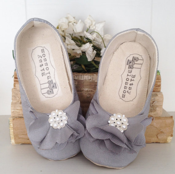 gray flower girl shoes with rhinestone flower