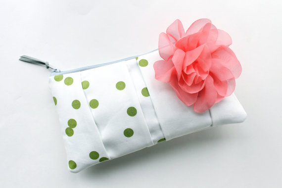 wedding clutch purses - green polka dot purse with pink flower (by allisa jacobs)