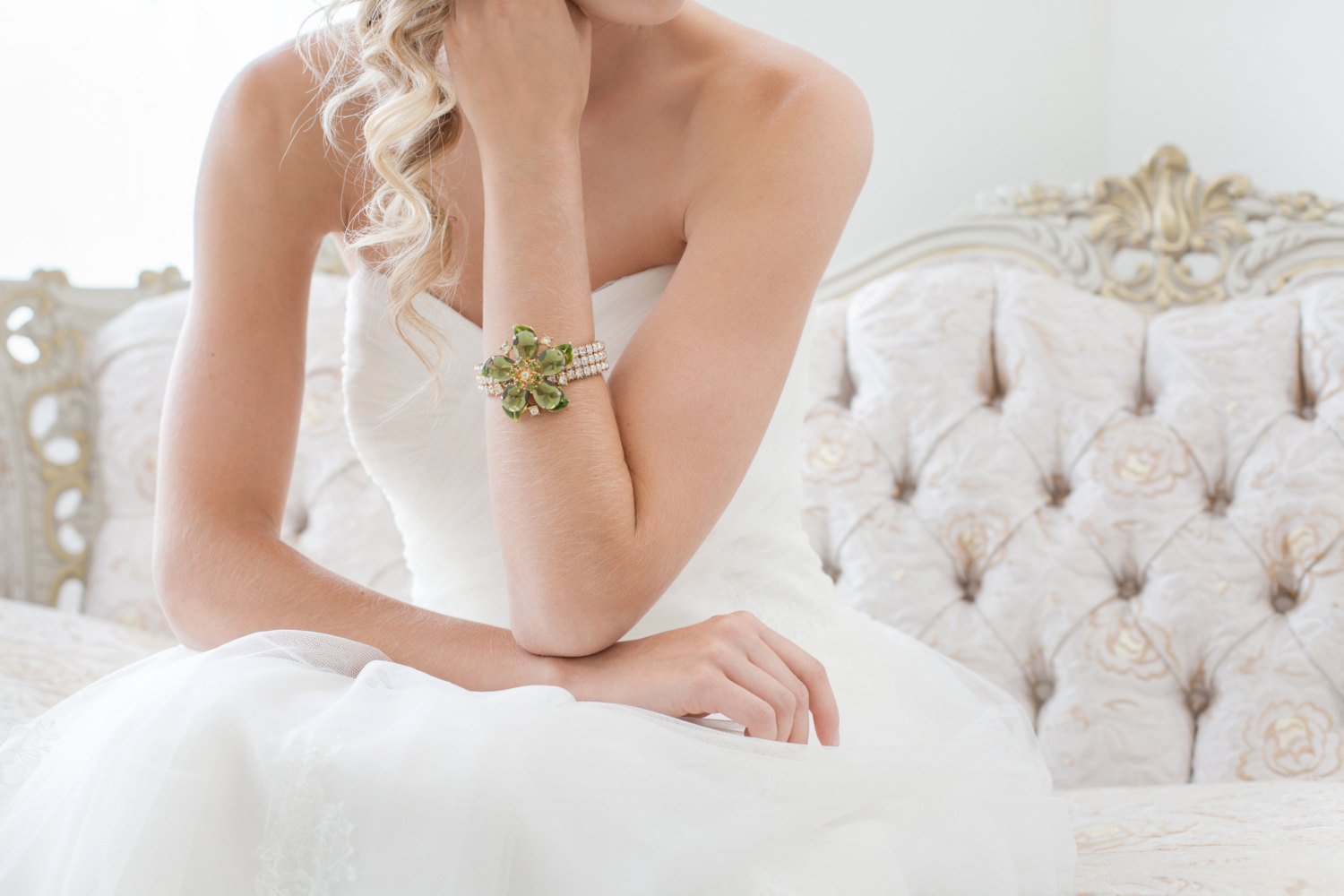 green rhinestone bridal cuff bracelet by cloe noel, photo by la candella weddings