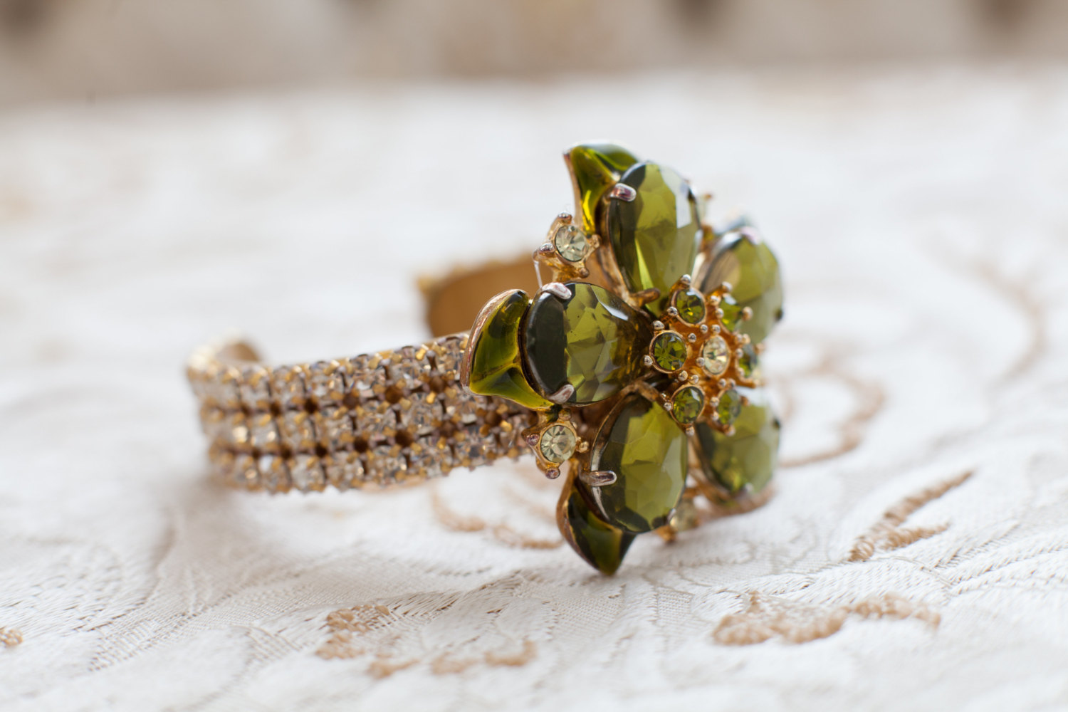 green rhinestone cuff bracelet by cloe noel, photo by la candella weddings