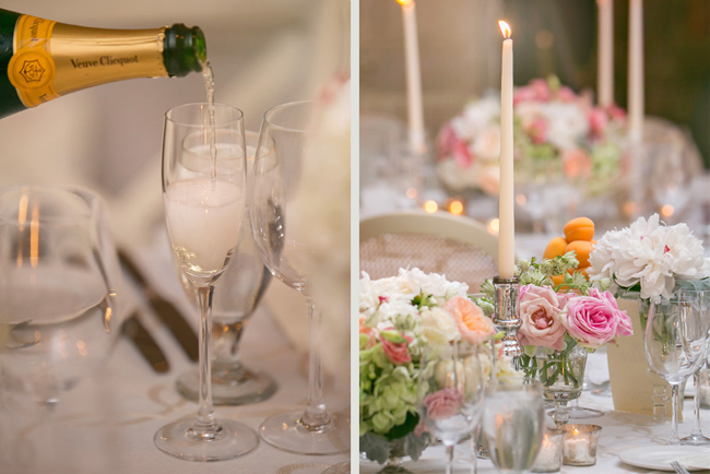 champagne and table decor at Connecticut waterfront wedding - photo: Melani Lust Photography | via https://emmalinebride.com