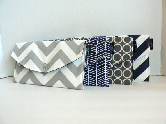 Grey and Navy Modern Mismatched Clutches - pick a purse each bridesmaid will love in a particular color with her own unique pattern or print.