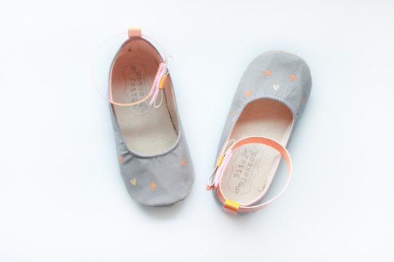 grey flower girl shoes with orange hearts neon | handmade flower girl shoes via http://emmalinebride.com/spring/handmade-flower-girl-shoes/