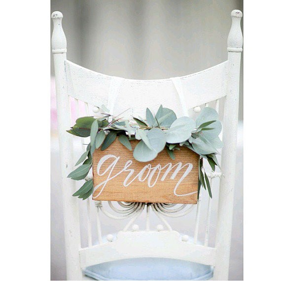 groom chair sign | via http://emmalinebride.com/decor/bride-and-groom-chairs/