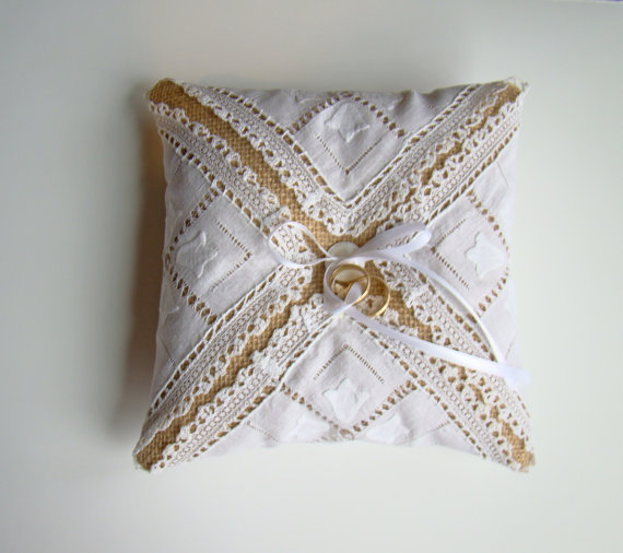 handkerchief wrapped burlap ring pillow