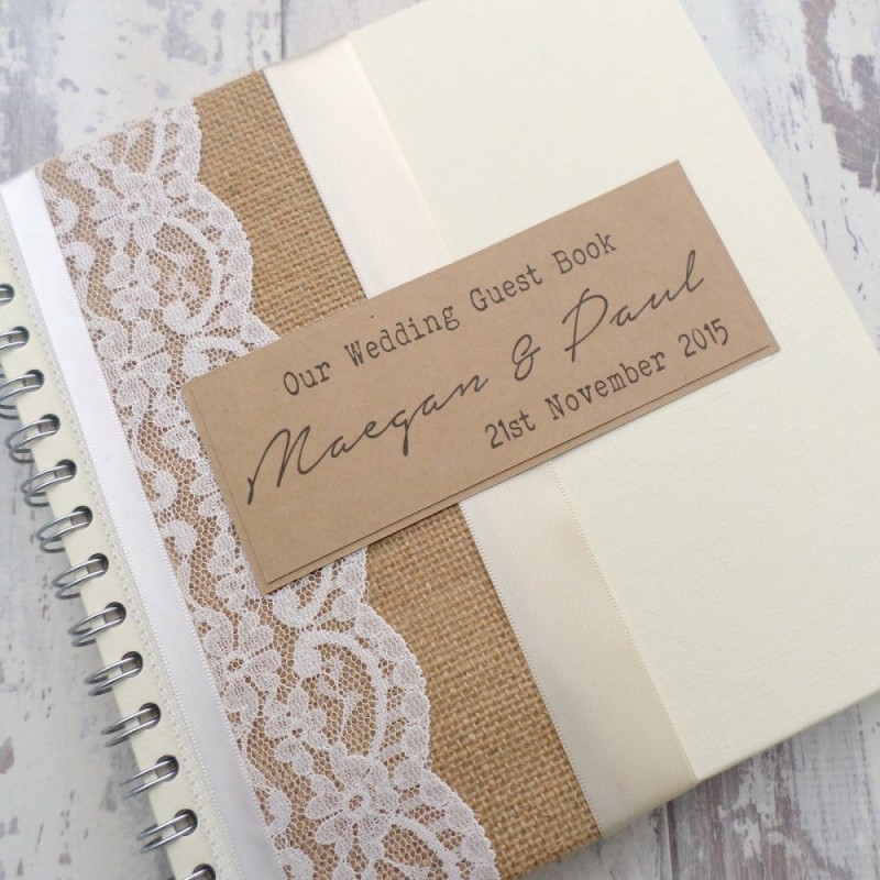 handmade guest book with lace and burlap by the paper bird company