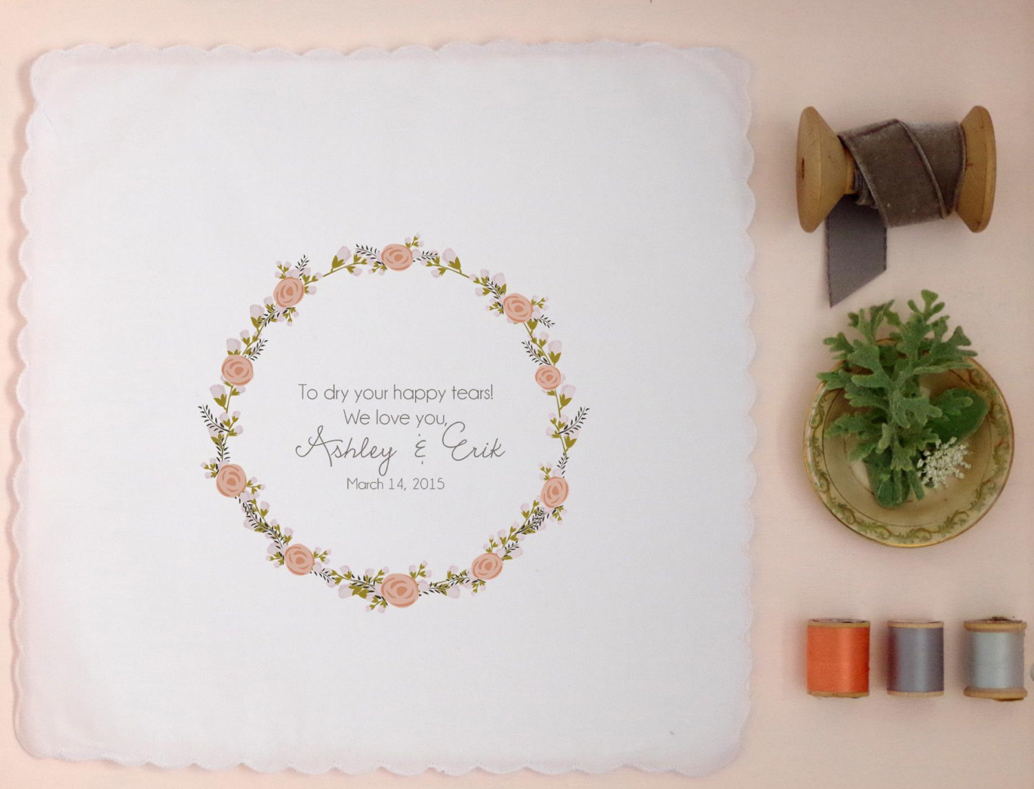 happy tears handkerchief for bridesmaids | personalized wedding handkerchiefs | https://emmalinebride.com/gifts/personalized-wedding-handkerchiefs/