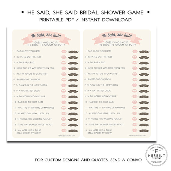 he said she said bridal shower game by merrily designs