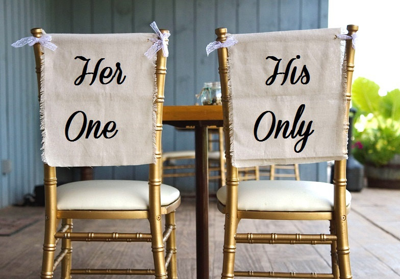 her one his only chair signs | via bride and groom chair signs https://emmalinebride.com/decor/bride-and-groom-chairs/
