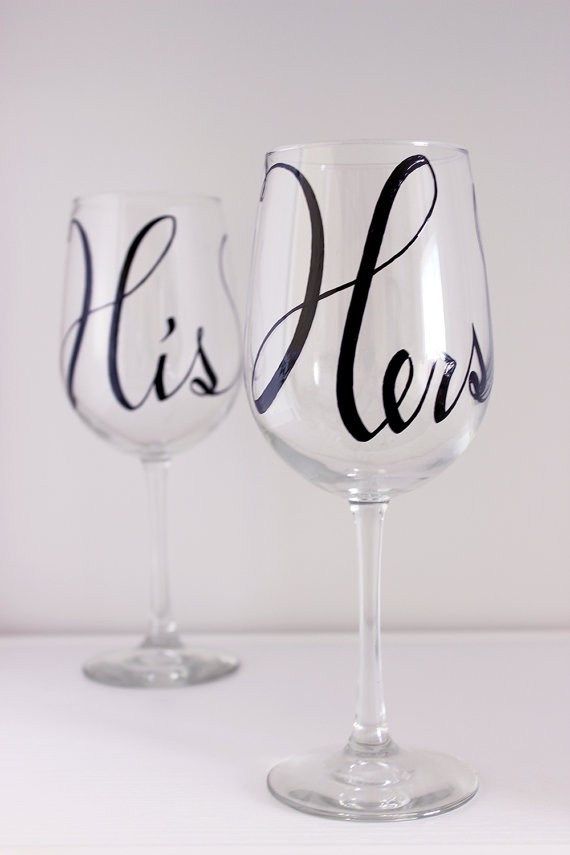 his and hers - personalized glassware gifts | http://emmalinebride.com/bridesmaids/personalized-glassware-gifts/