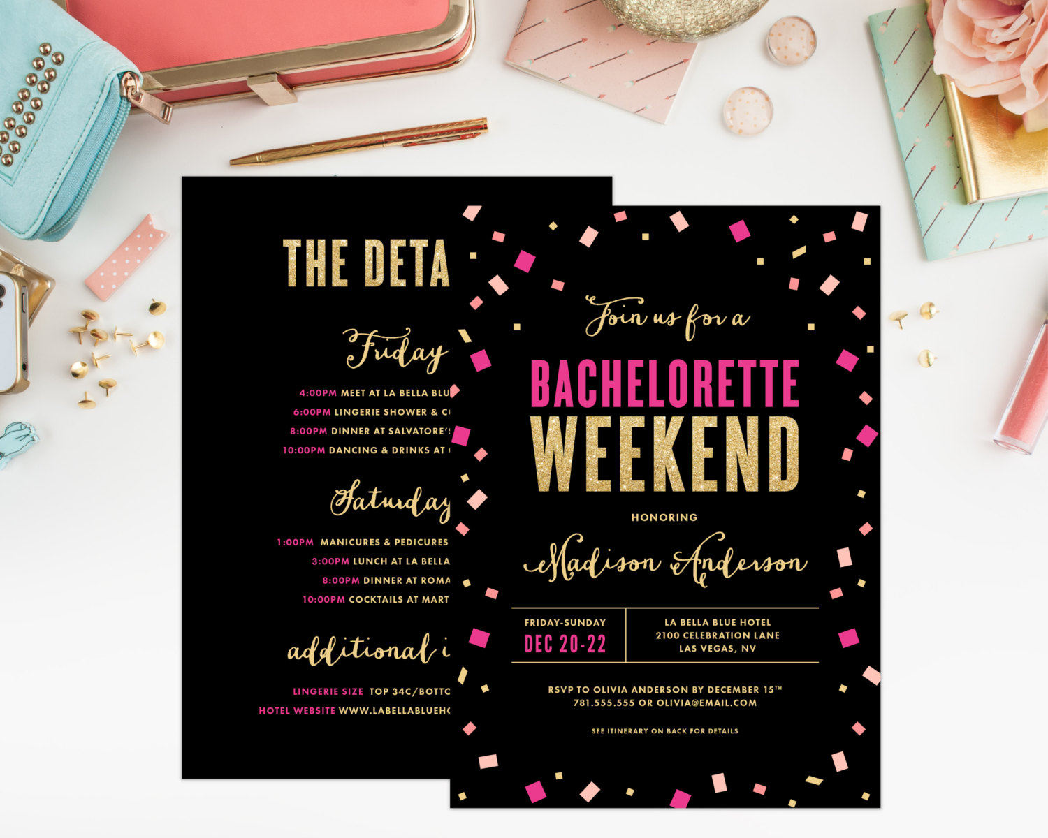 hot pink and black bachelorette party invitation by fine and dandy paperie | fun bachelorette party ideas | https://emmalinebride.com/planning/fun-bachelorette-party-ideas/