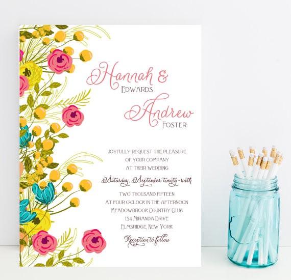hot pink and yellow floral wedding invitations