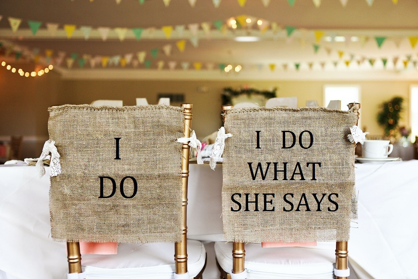 i do what she says chair signs | via bride and groom chair signs https://emmalinebride.com/decor/bride-and-groom-chairs/