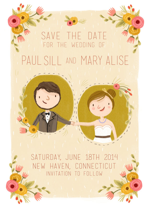 whimsical illustrated save the date cards with hand-drawn portrait