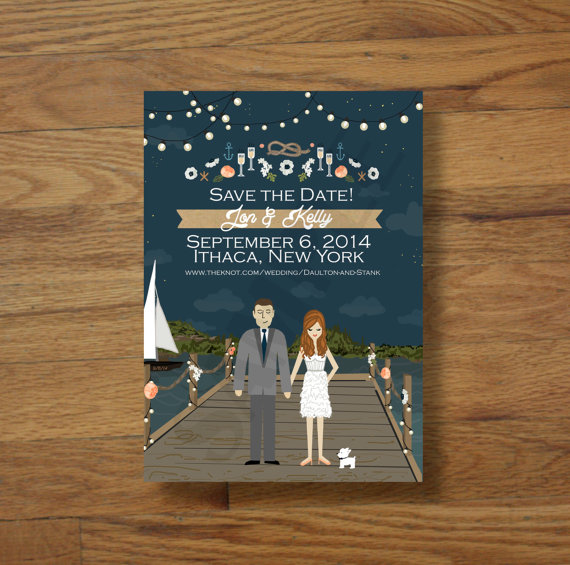 save the date cards with bride and groom standing on dock with cute little dog // illustrated save the dates
