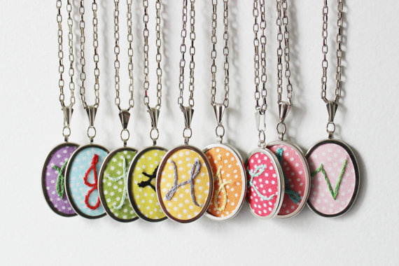 Embroidered initial necklaces by The Merriweather Council.  These initial necklaces make a great gift for bridesmaids!